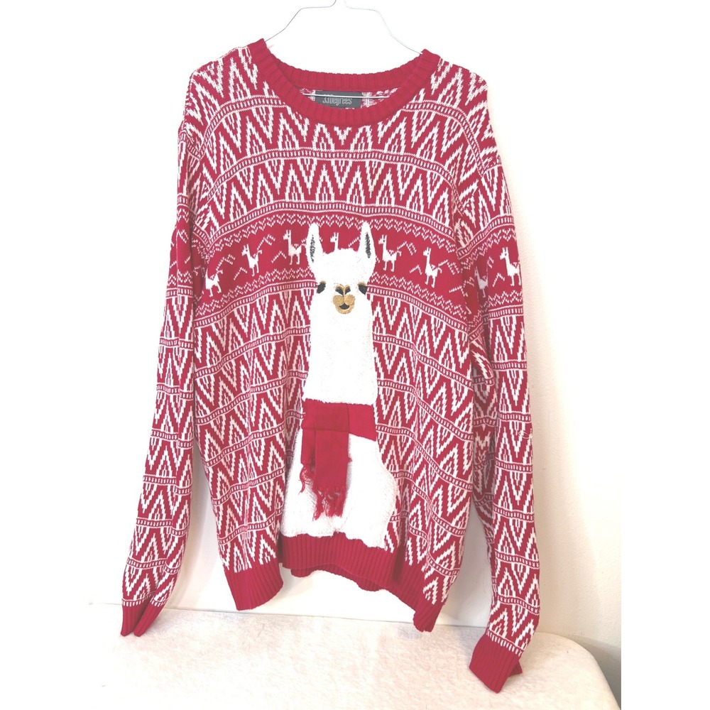 33 Degrees Mens XXL Llama Holiday Sweater Red Fair Isle Cotton Pullover Novelty